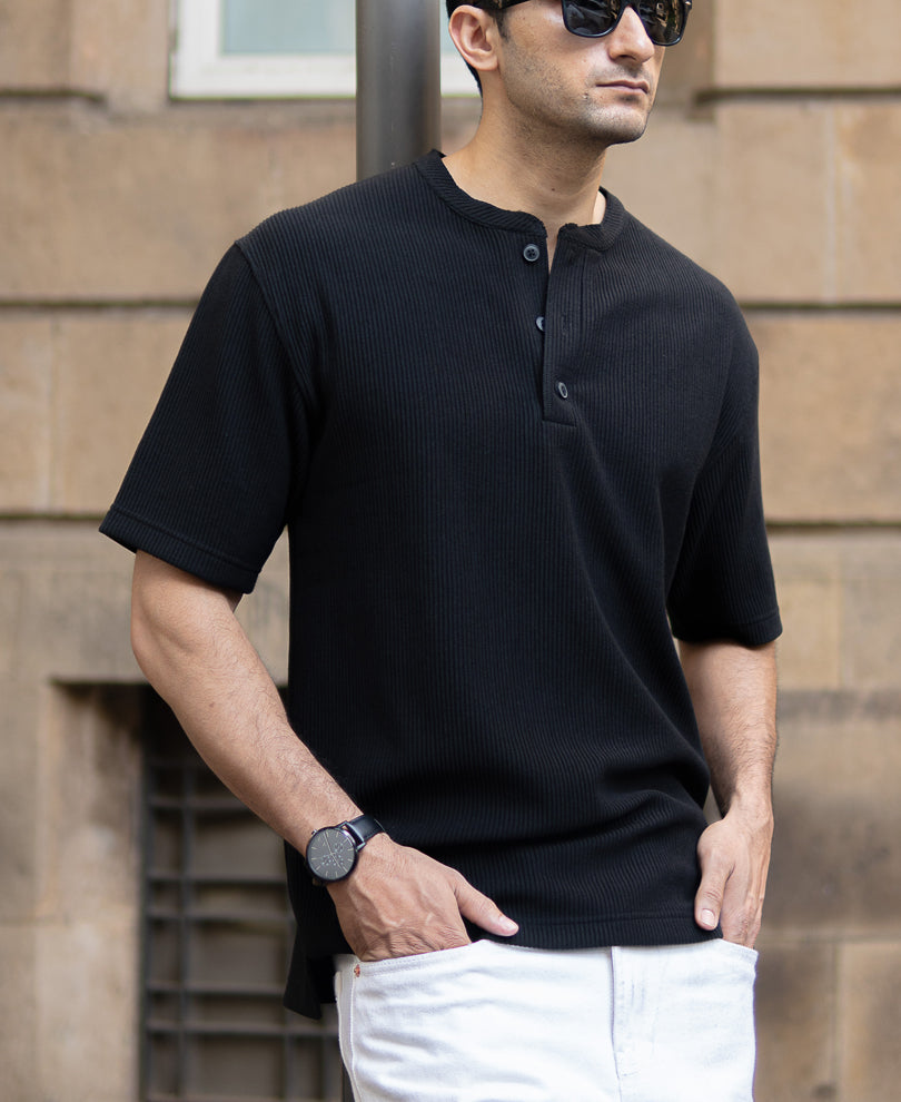 Black Knitted Henley T-Shirt
