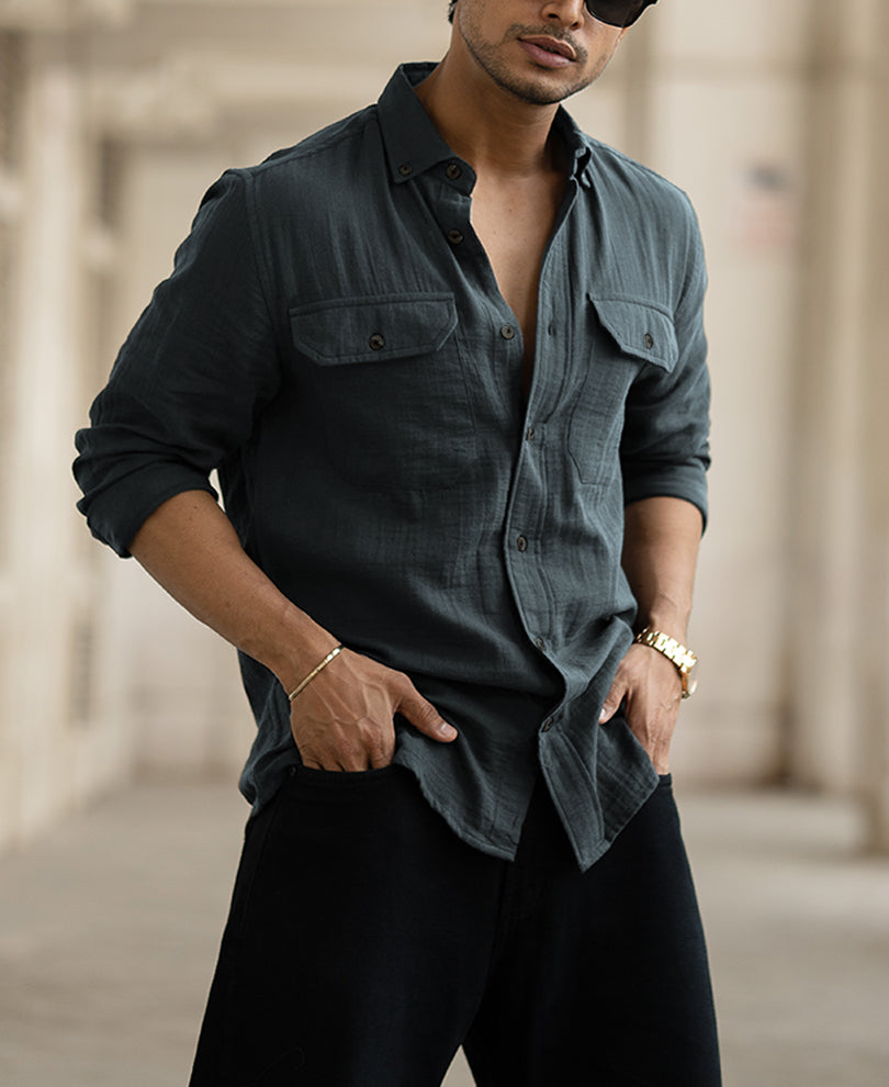 Dark Green Regular Fit Plain Full Sleeves Shirt