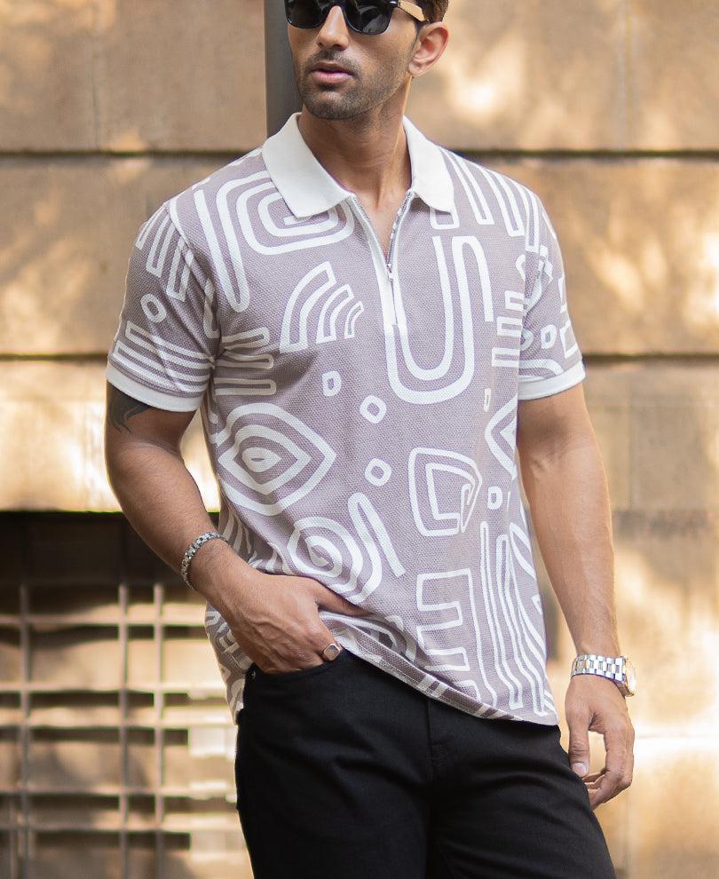 Grey Contrast Printed Polo T-Shirt