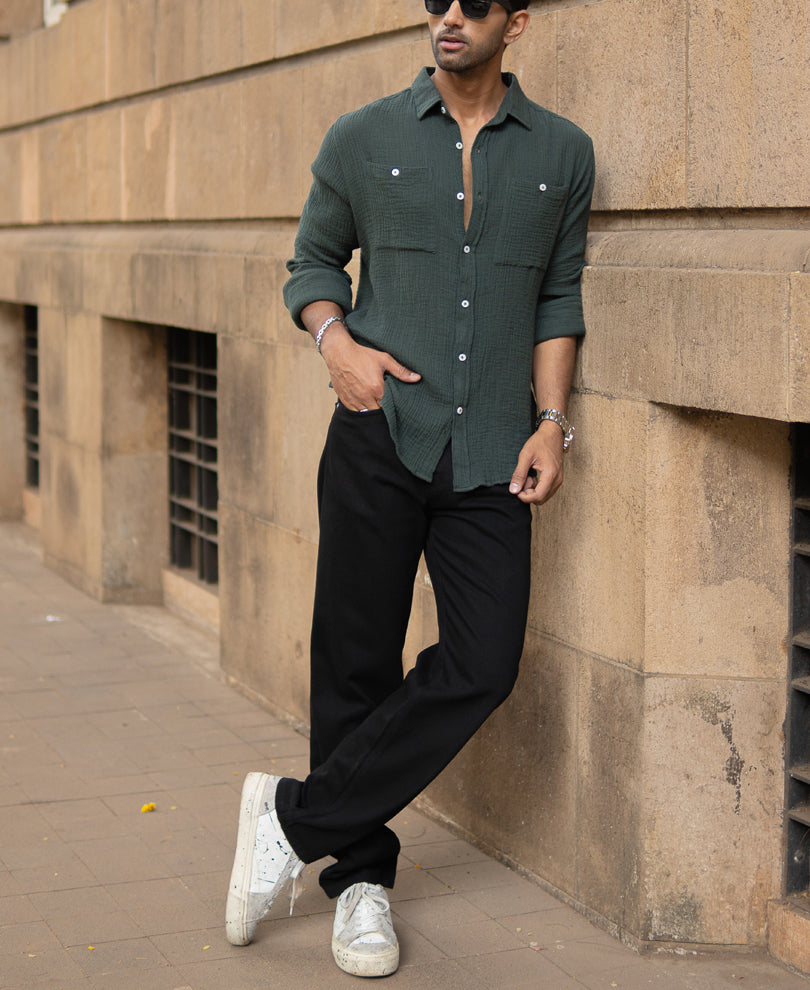 Olive Crinkled Shirt With Pockets