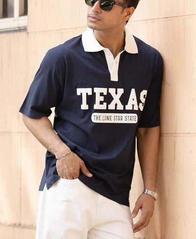 Navy Contrast Print Polo T-Shirt