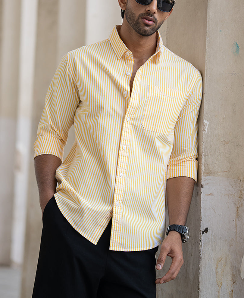 Yellow And White Stripes Regular Fit Full Sleeves Shirt
