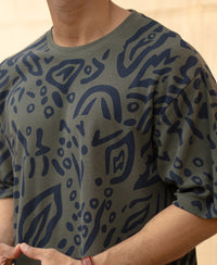 Olive Abstract Leaf Printed T-Shirt