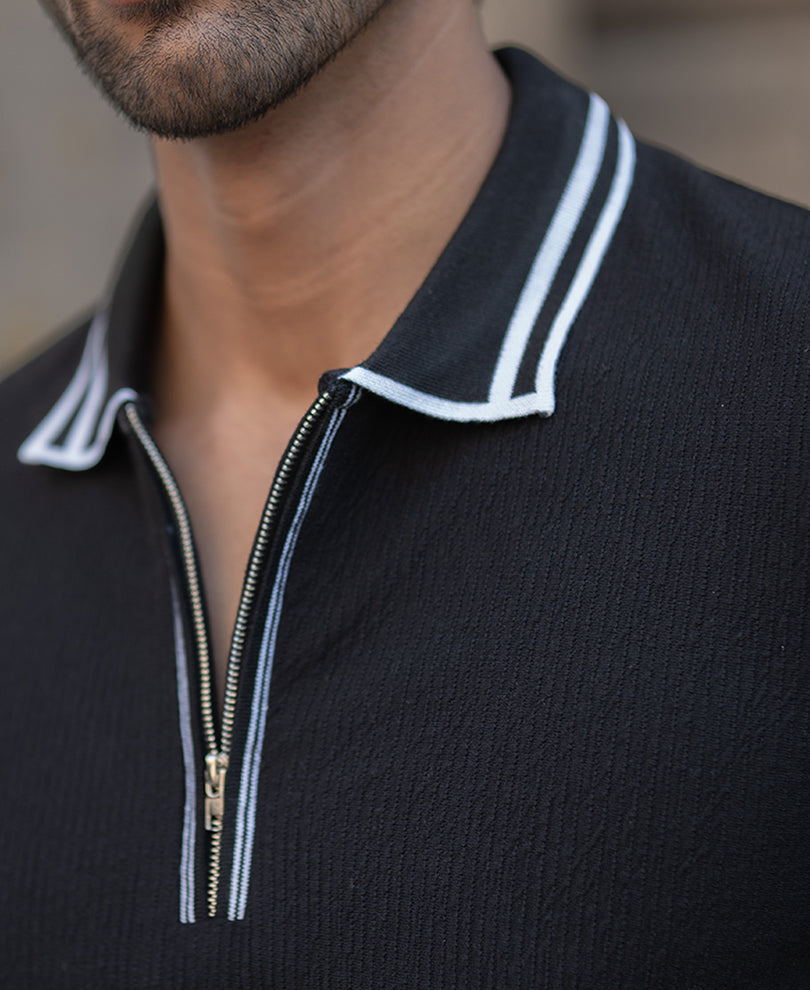 Black Regular Fit Structured Half Sleeves T-Shirt