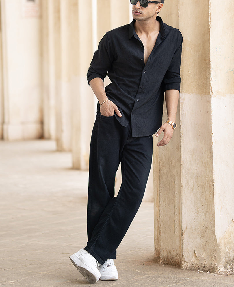 Black Striped Flowy Regular Fit Shirt