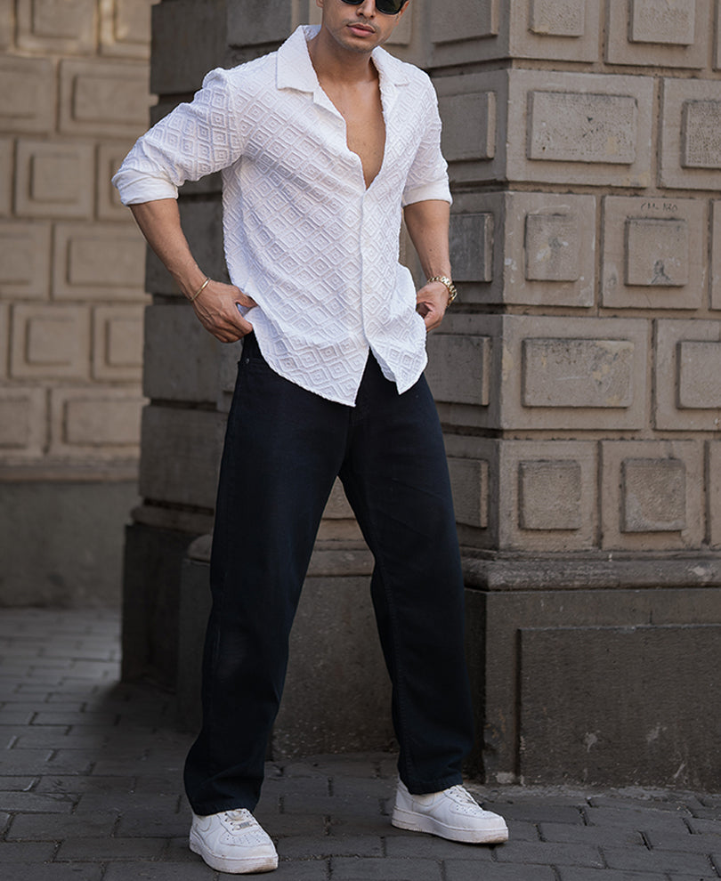 White Geometric Jacquard Shirt