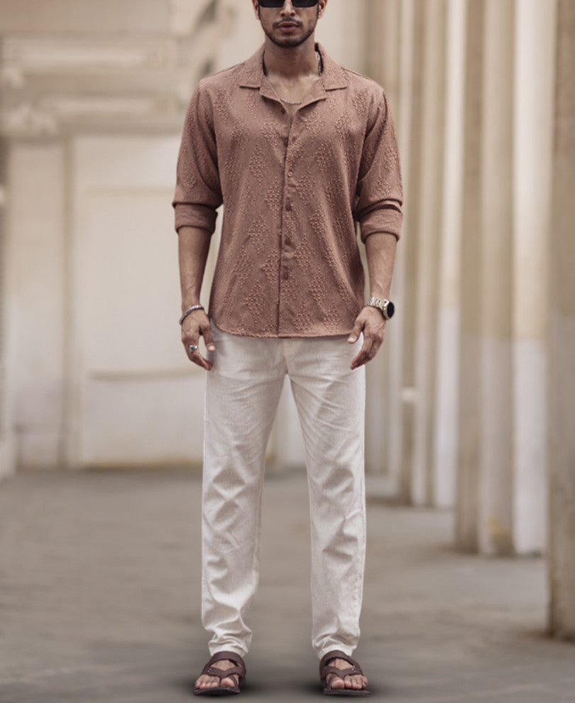 Dark Beige Structured Regular Fit Full Sleeves Shirt