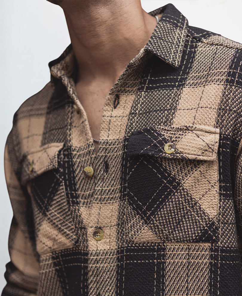 Beige & Black Checked Regular Fit Full Sleeve Overshirt