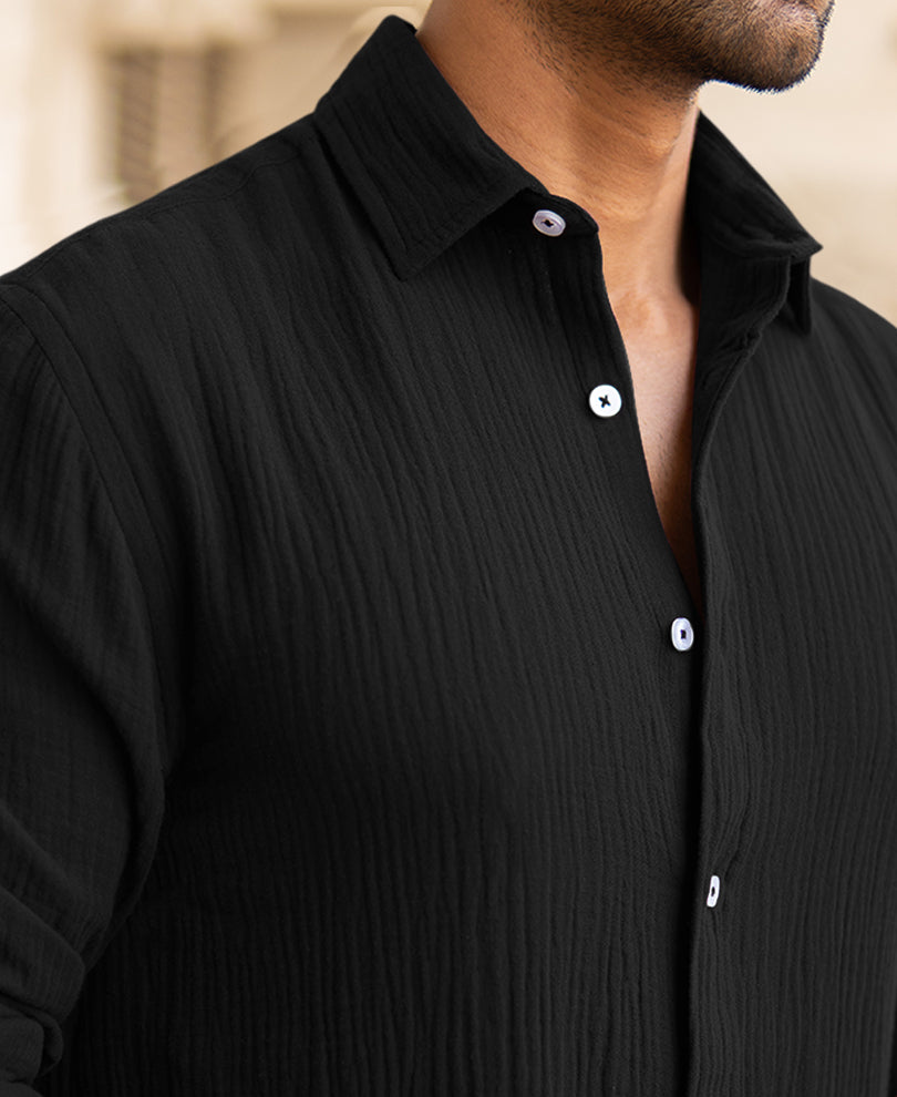Black Regular Fit Structured Full Sleeves Shirt
