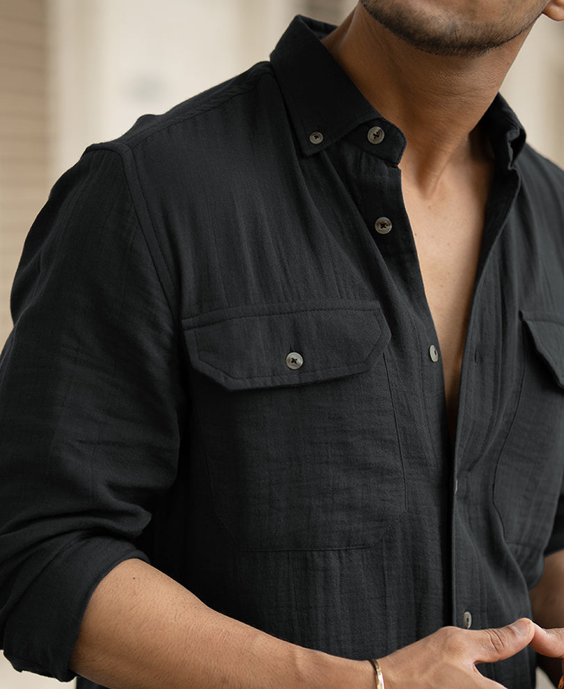 Black Double Pocket Regular Fit Full Sleeves Shirt