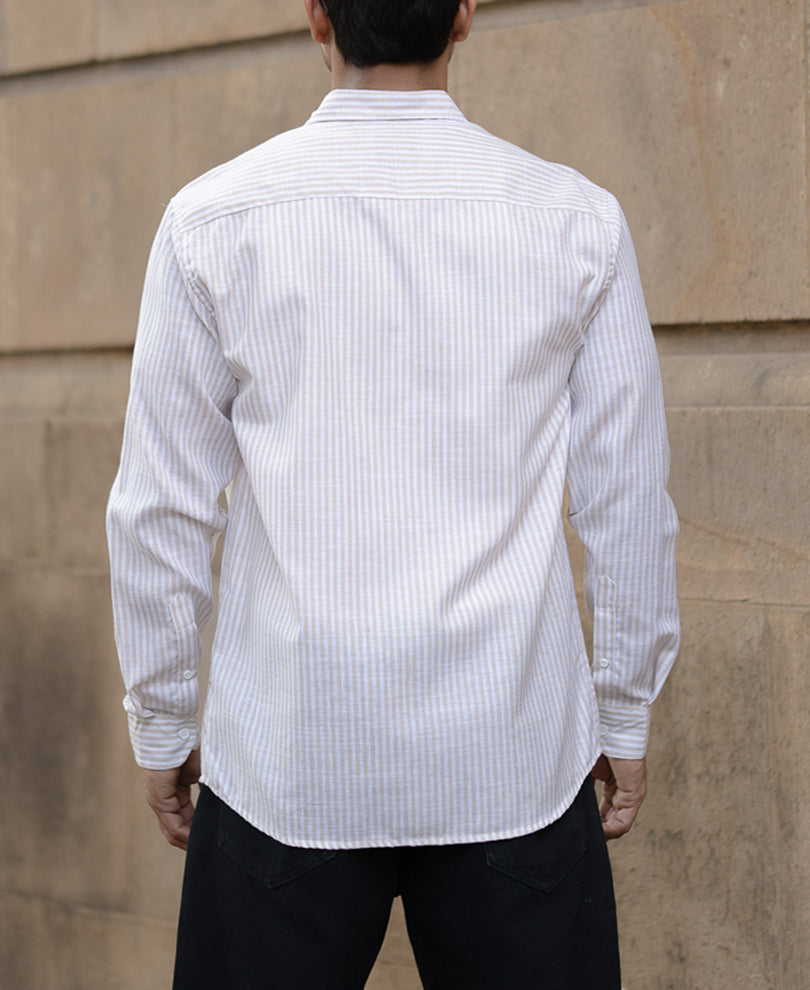 Cream And White Stripes Regular Fit Full Sleeves Shirt