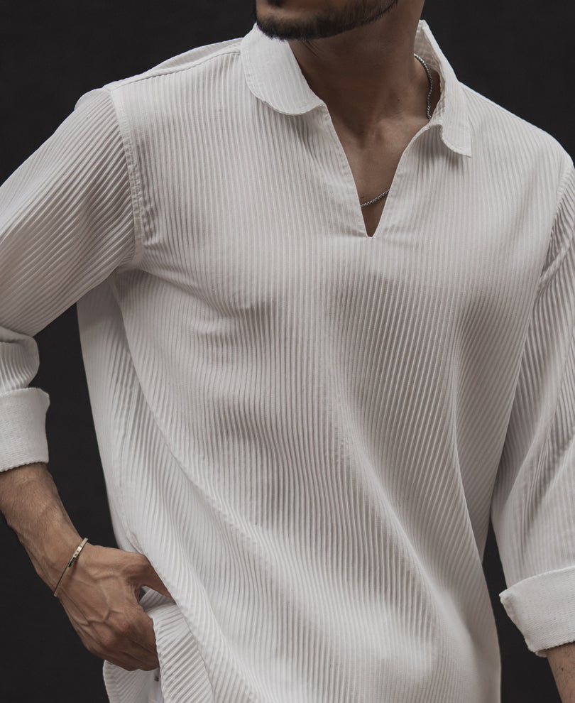 White Structured Regular Fit Full Sleeve Kurta Style Shirt