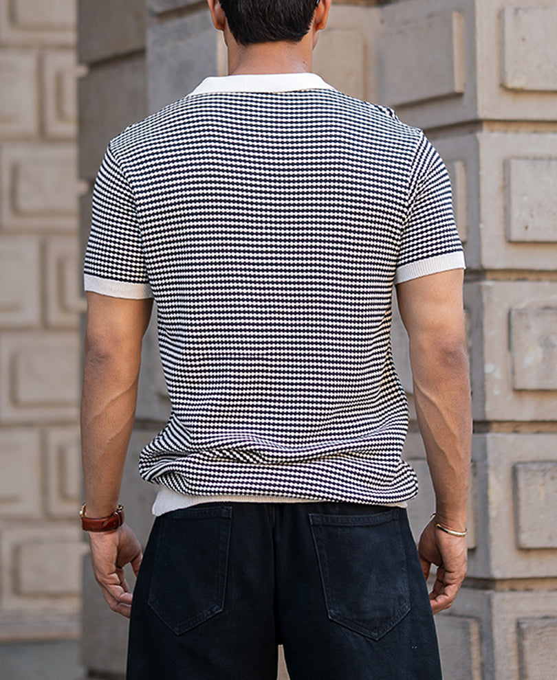 Black Knitted Stripe Polo T-Shirt