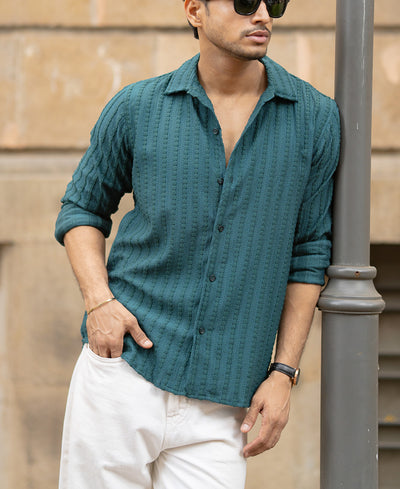 Green Regular Fit Structured Full Sleeves Shirt