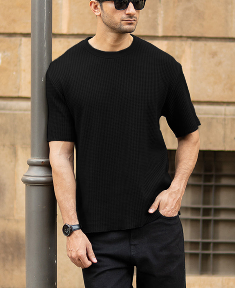 Black Structured Oversized Half Sleeves T Shirt
