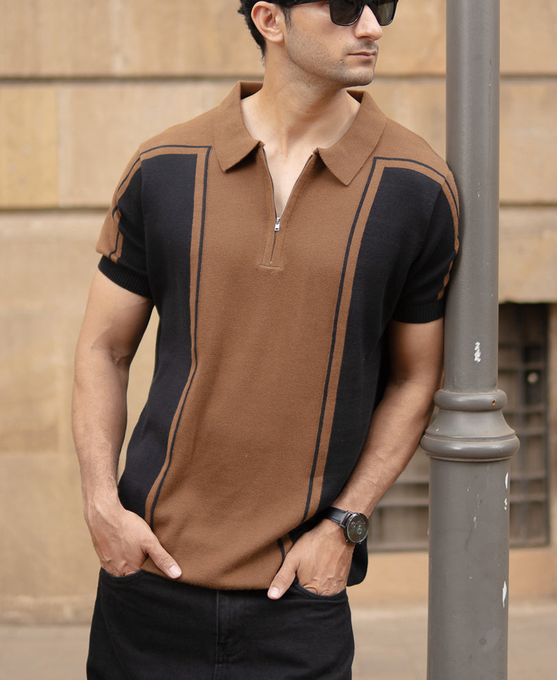 Brown And Black Panelled T-Shirt