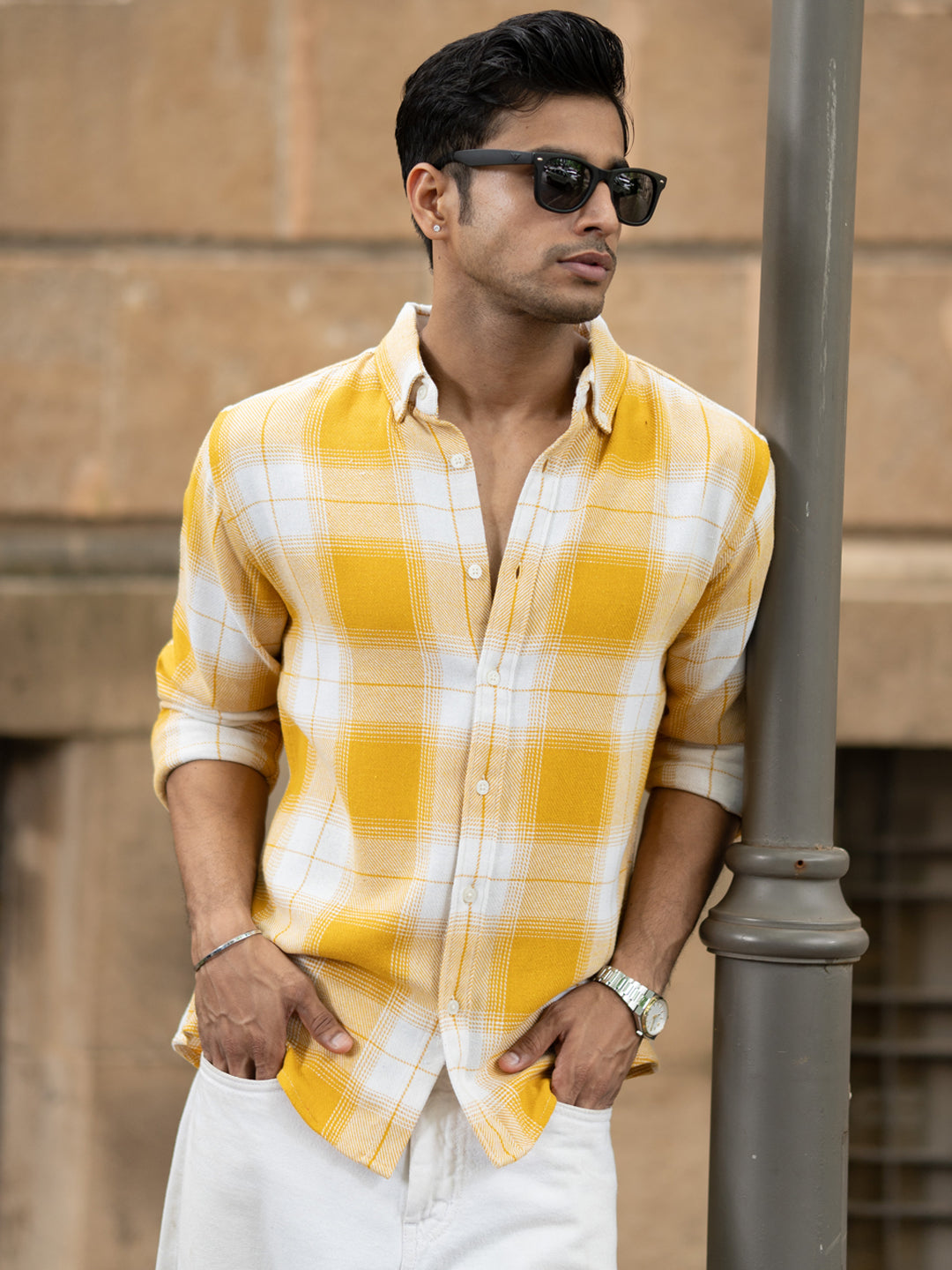 Yellow Structured Checks Buttondown Shirt