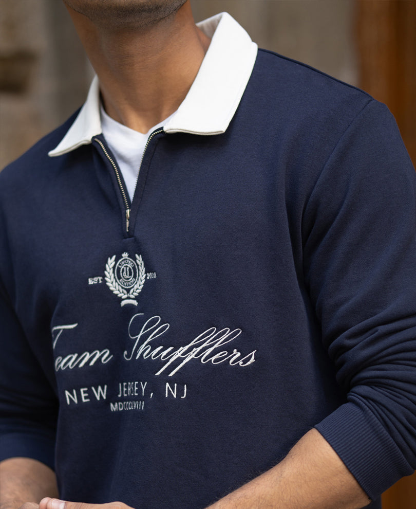 Navy Contrast Collar Embroidered Sweatshirt
