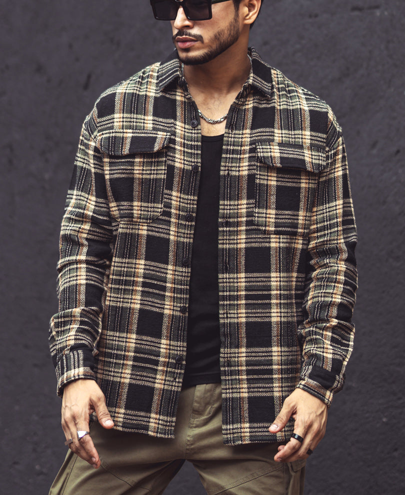 Multicolor Checks Double Pockets Oversize Drop Shoulder Shirt