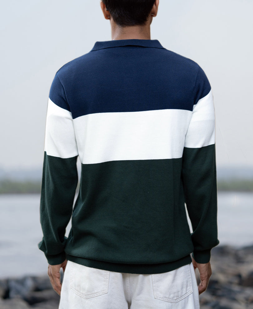 Navy And Green Panelled Polo T-Shirt