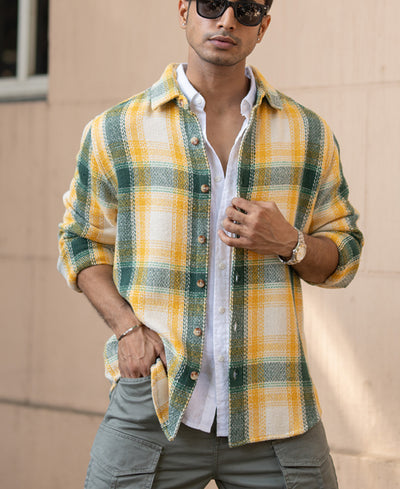 Yellow And Green Structured Checks Shirt