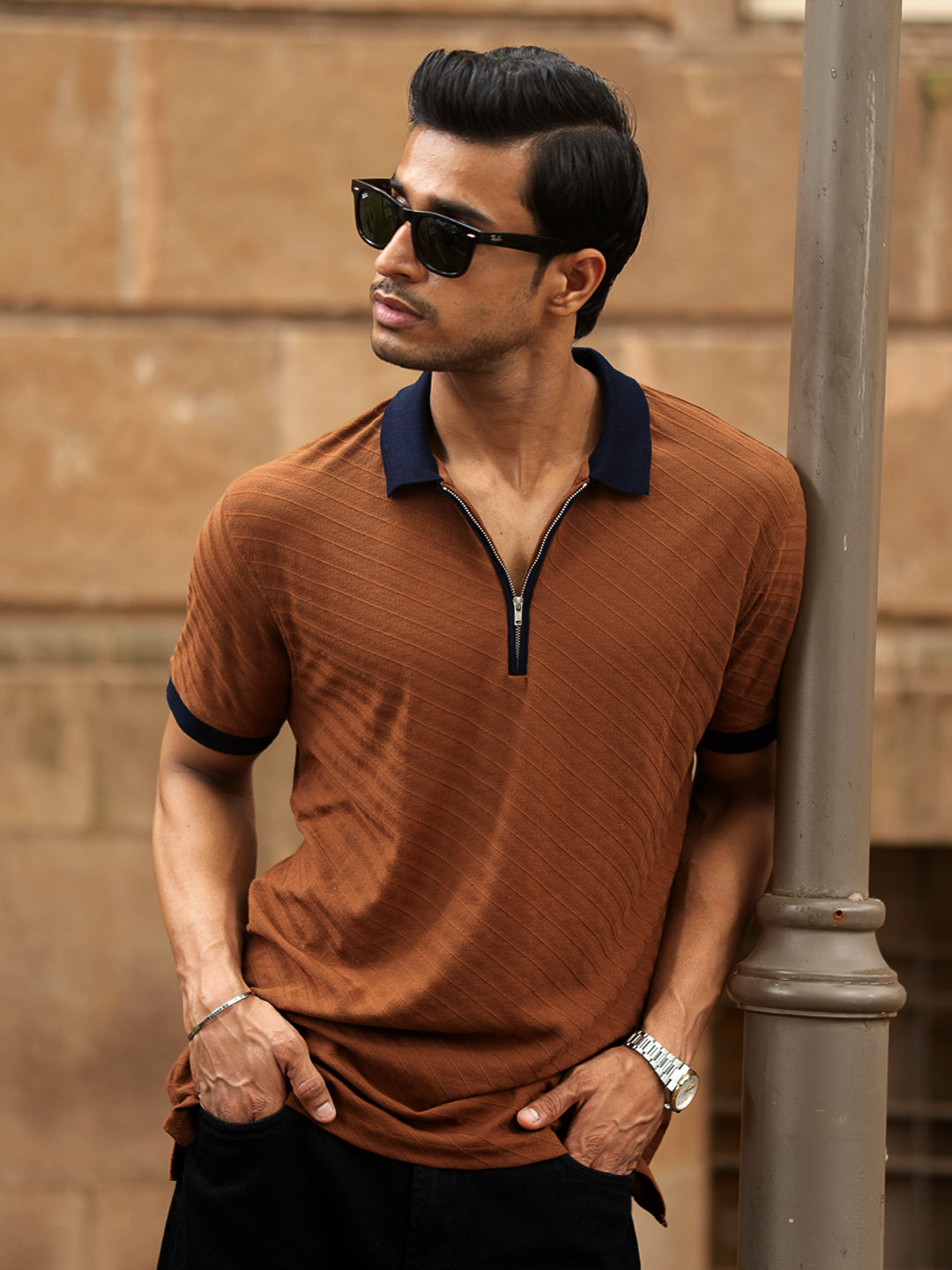 Dark Tan Contrast Collar Zipper T-Shirt