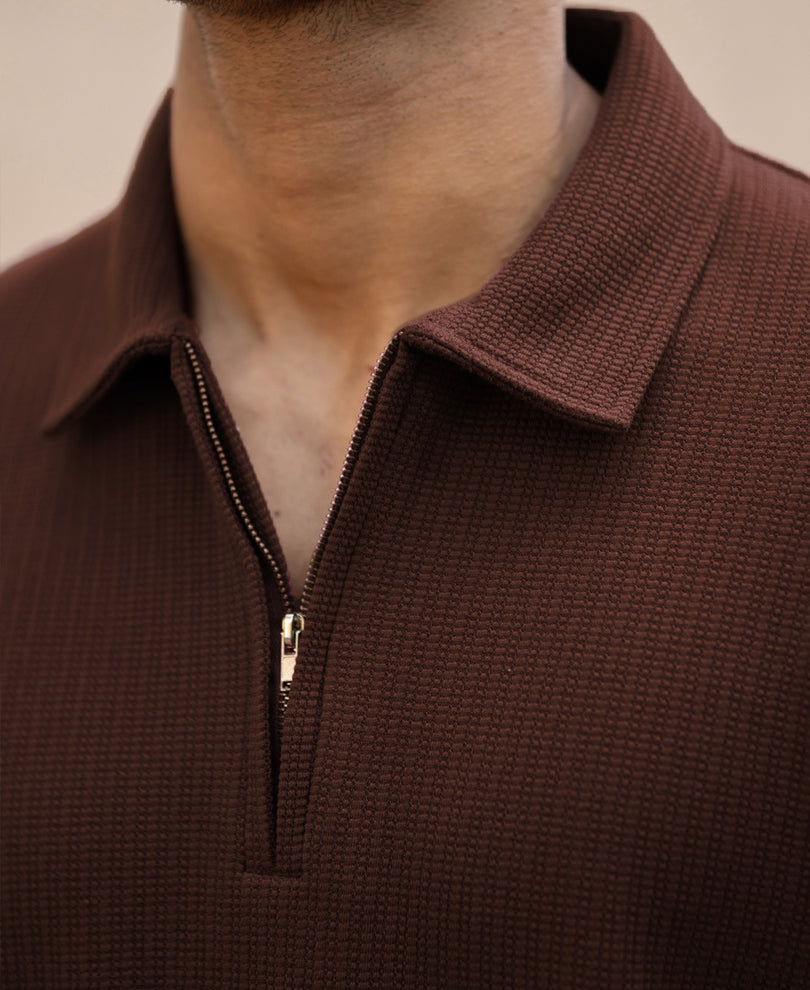 Brown Zipper Polo T-Shirt.