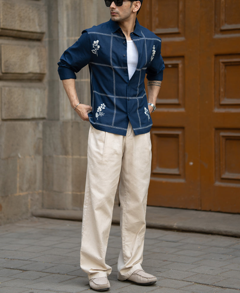 Navy Embrpoidery Linen Blend Shirt.