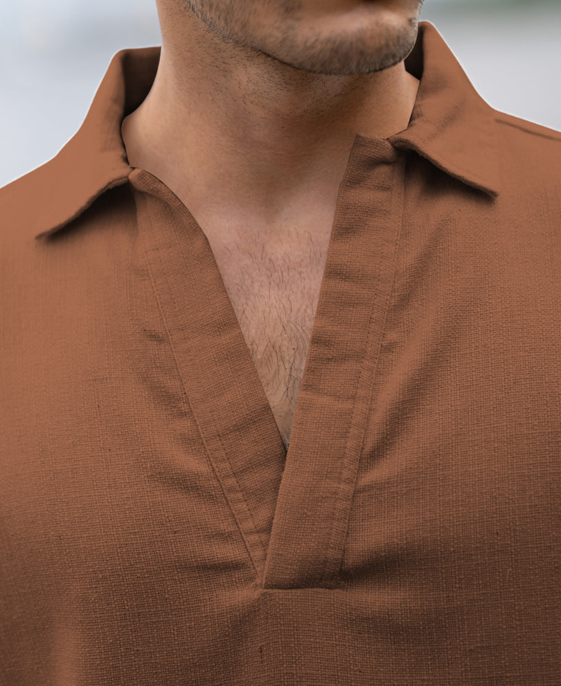 Brown Striuctured Cotton Kurta Shirt