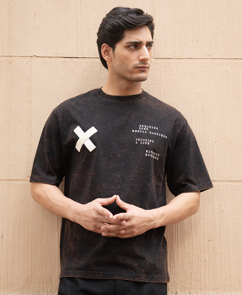 Dark Brown Washed Printed Oversized T-Shirt