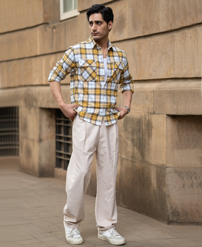 Yellow Checks Double Pocket Shirt.