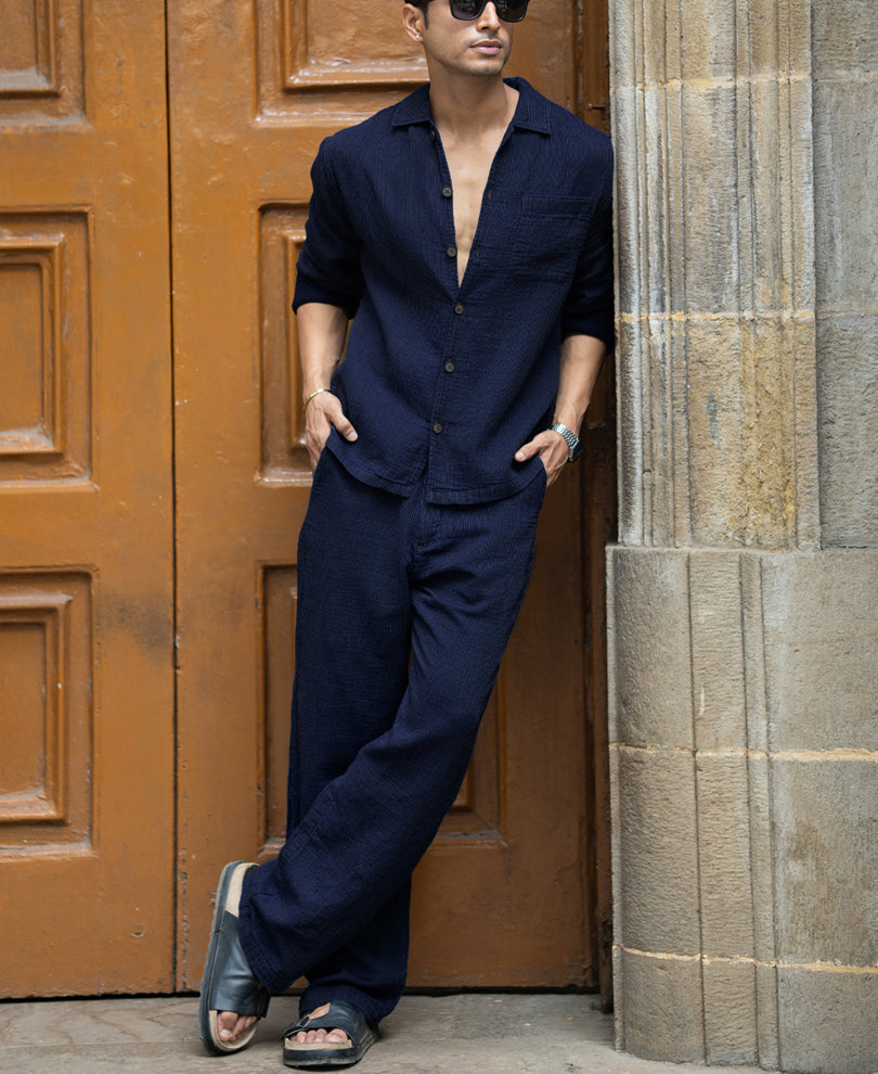 Navy Double Cloth Stripe Co-Ord Set