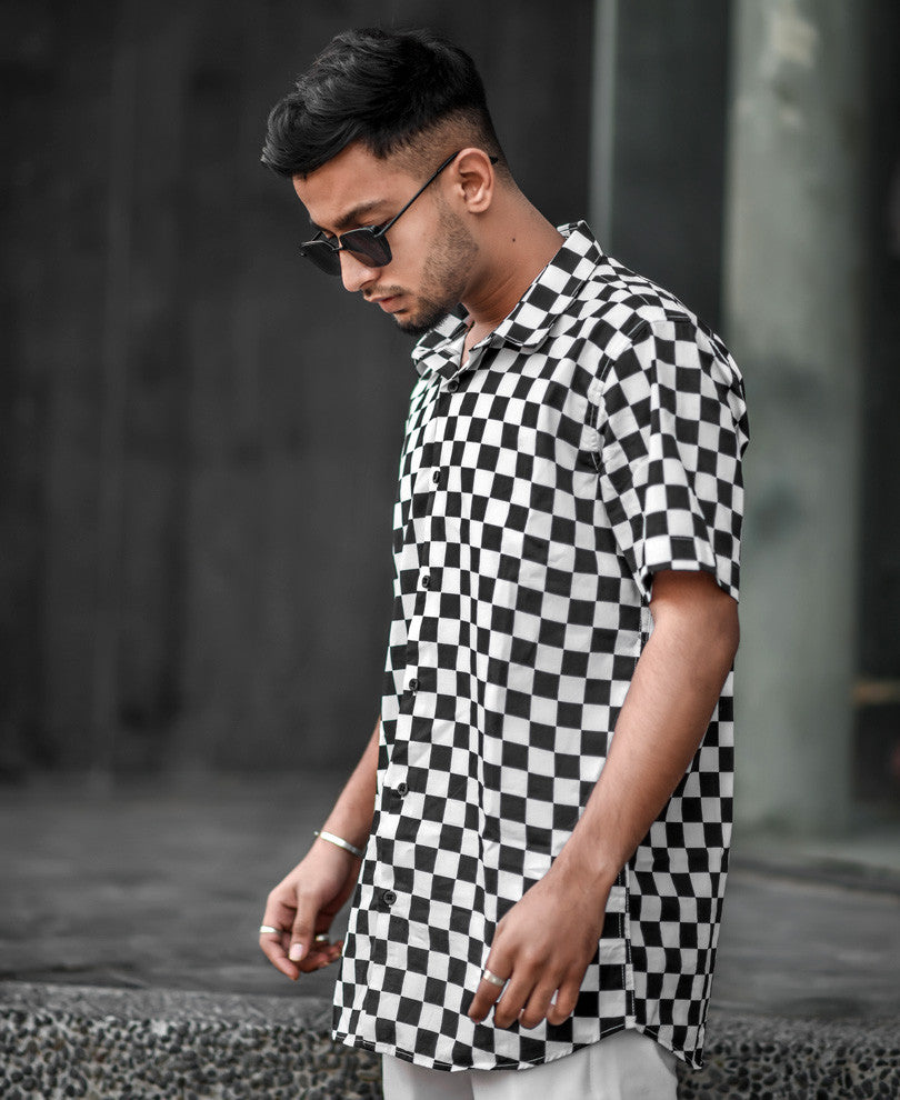 White and Black Check Print Half Sleeves Shirt