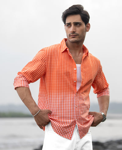 Orange Spray Checks Shirt