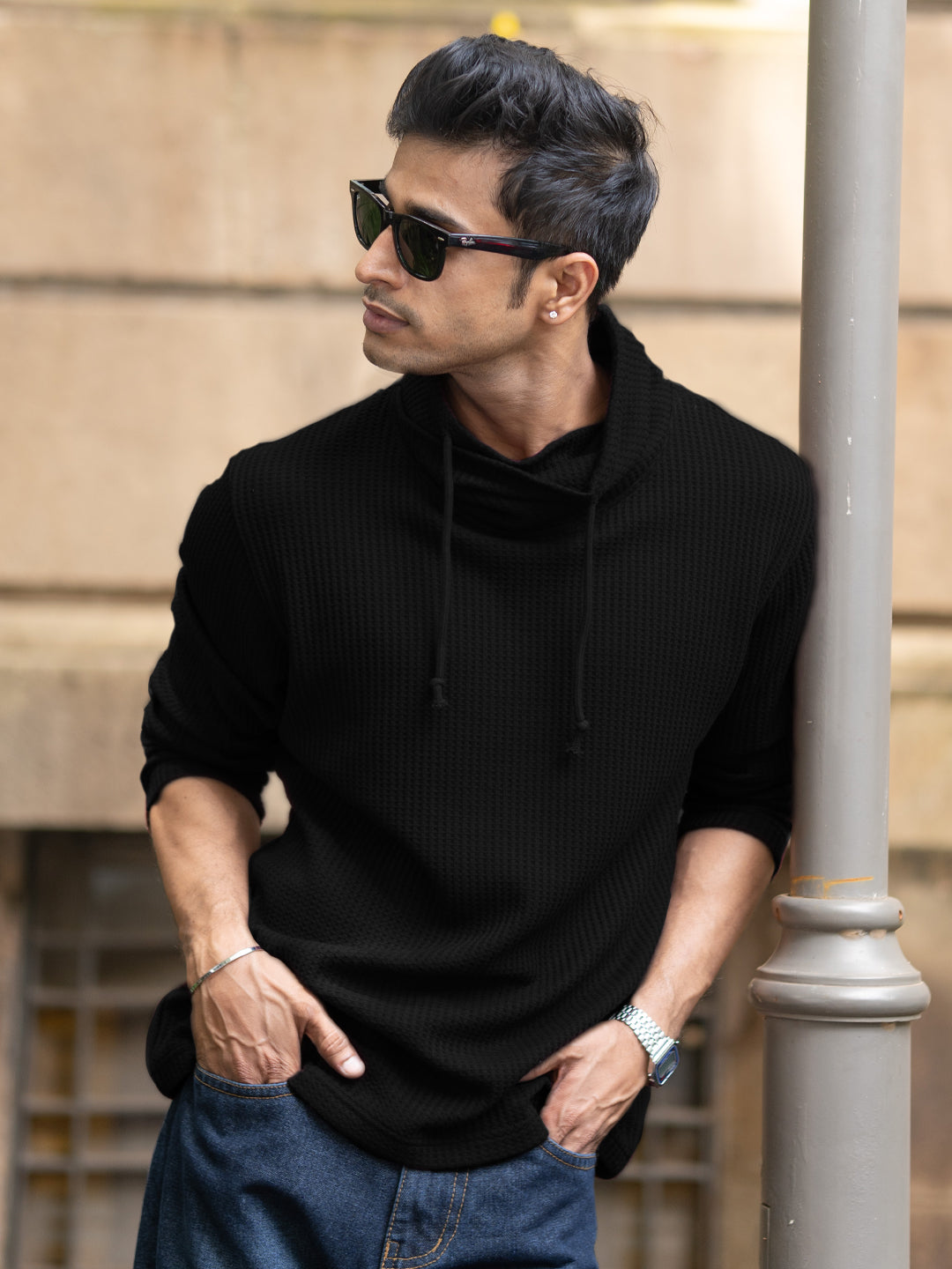 Black Structured High Neck T-Shirt