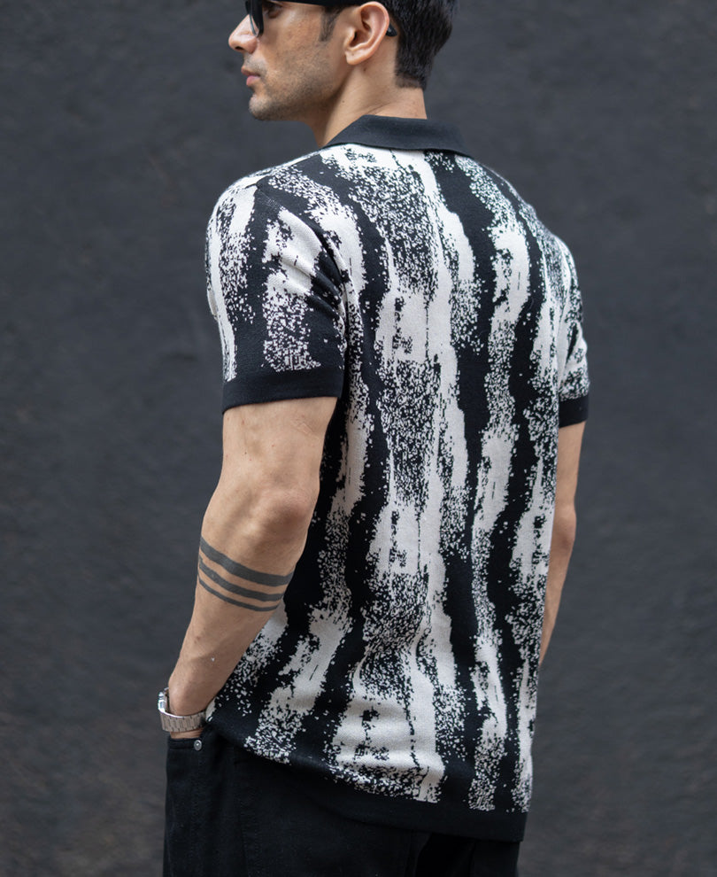 Black White Jacquard Knit T-Shirt.