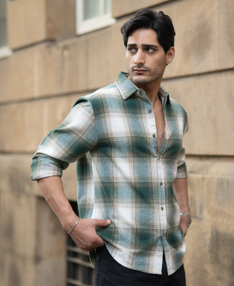 Green & Beige Flannel Checks Shirt.