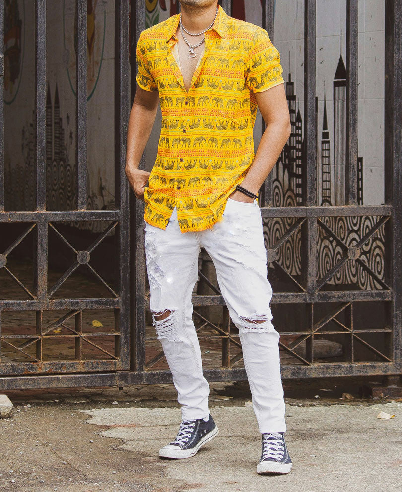 Yellow Elephant Print Half Sleeves Shirt