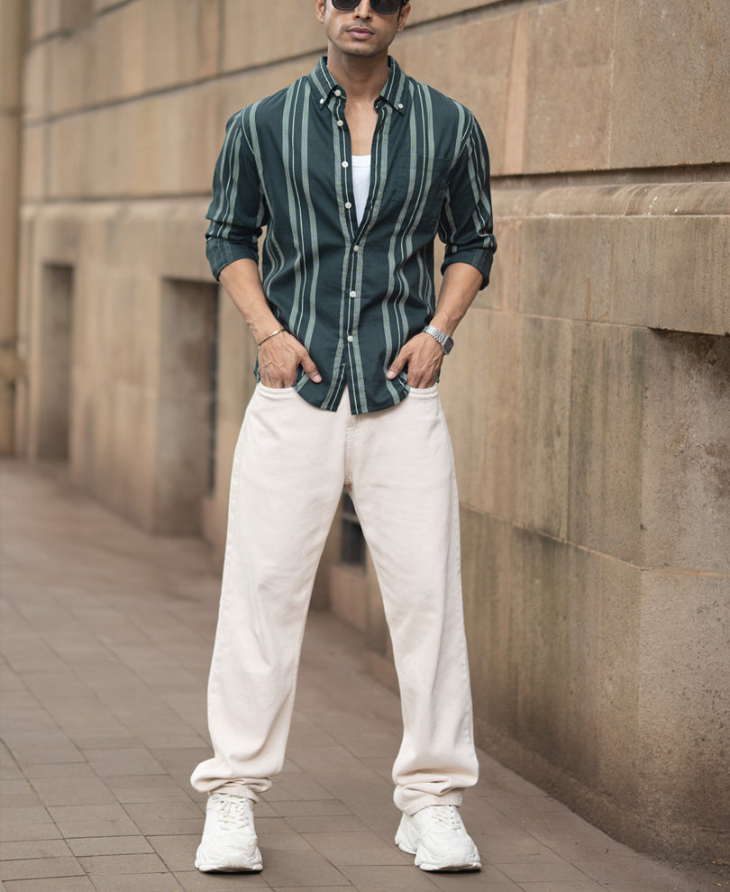 Dark Green Stripped Button Down Shirt