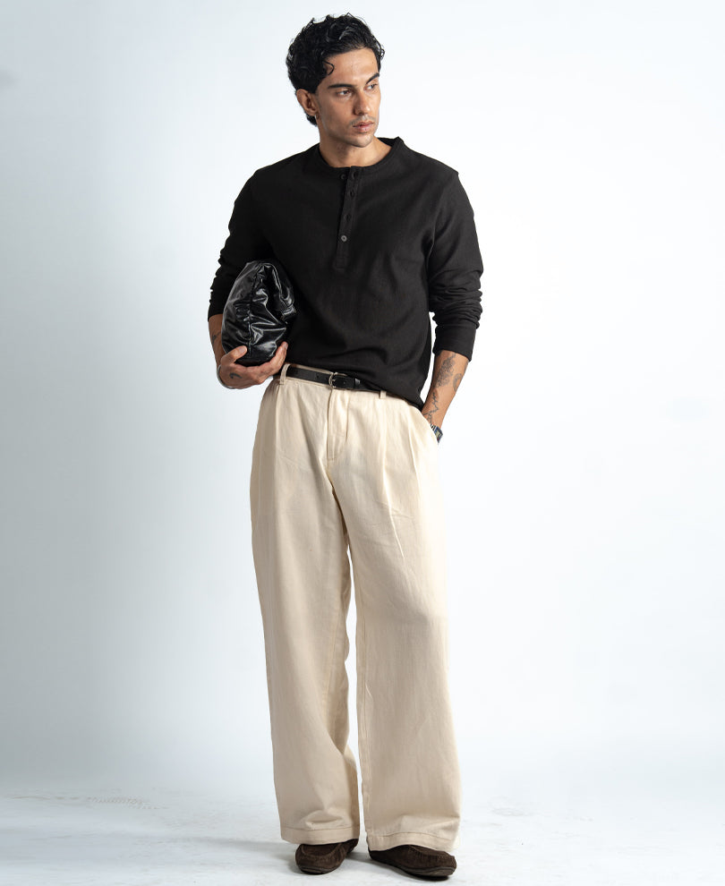 Black Henley Neck Knit T-Shirt