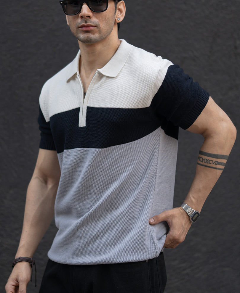 Grey & Navy Knit Stripe T-Shirt