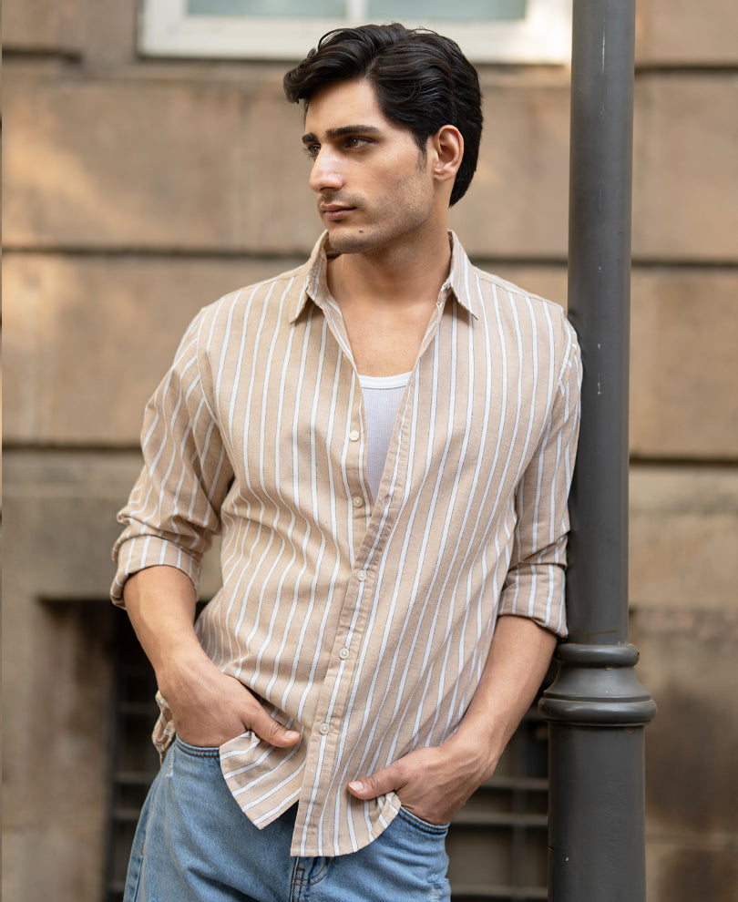 Tan Cottom Stripe Shirt.