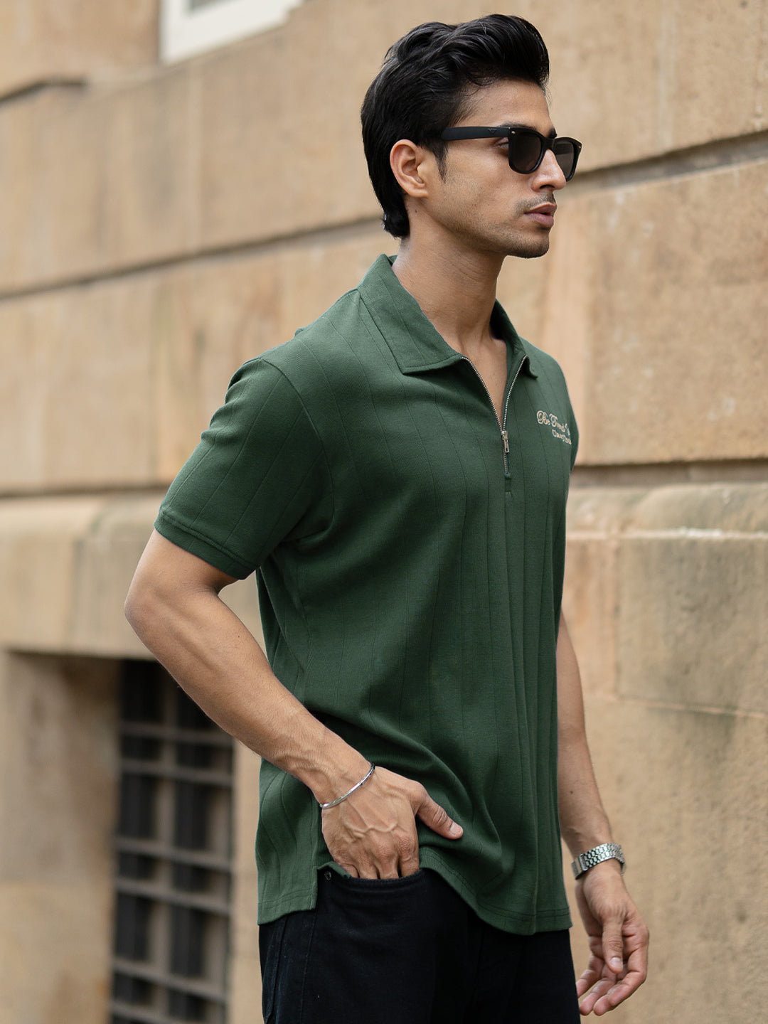 Green Embroidered Zipper T-Shirt
