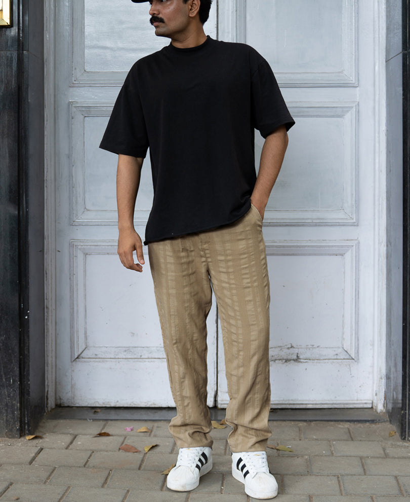 Beige Structured Pleated Cotton Trousers.