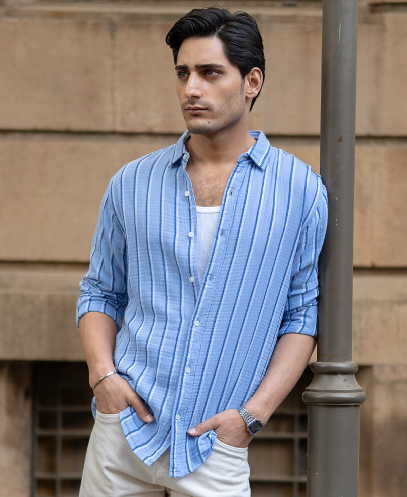 Blue Double Cloth Striped Shirt