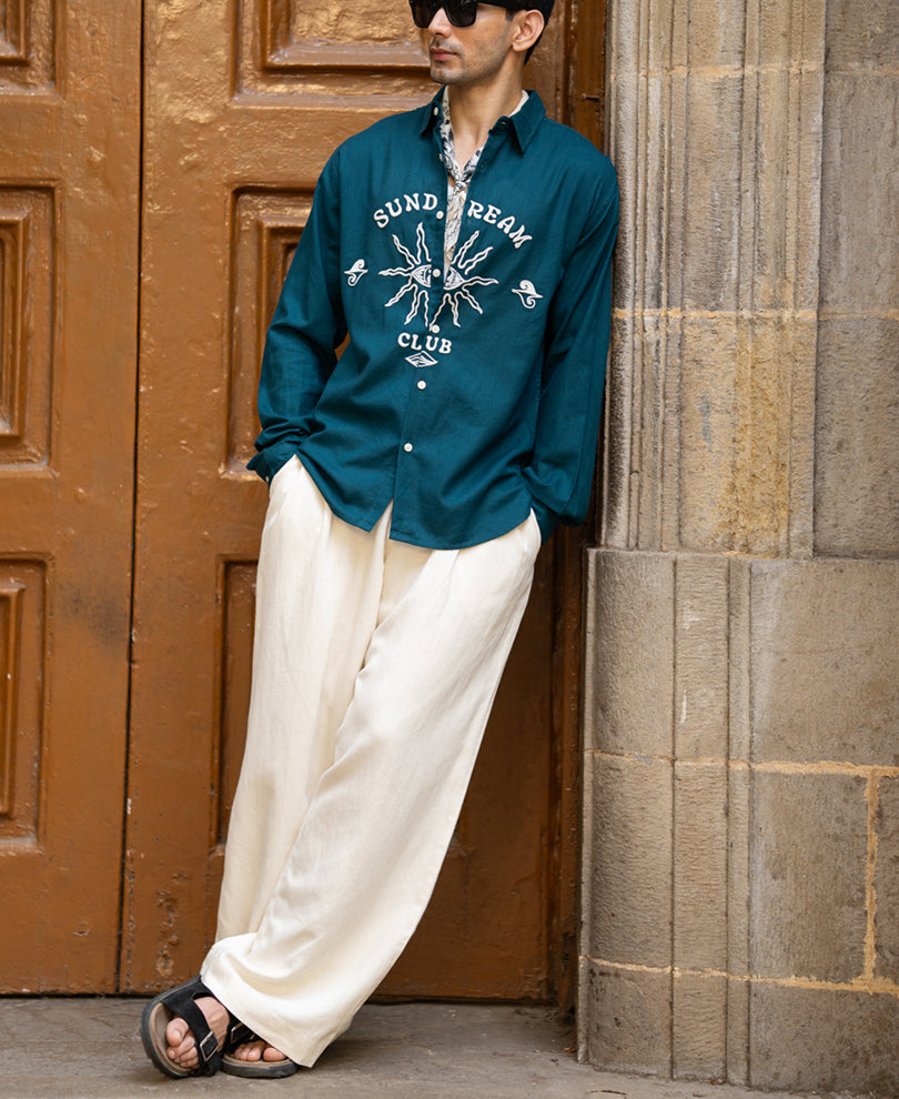 Teal Blue Embroidered Shirt 100% Cotton