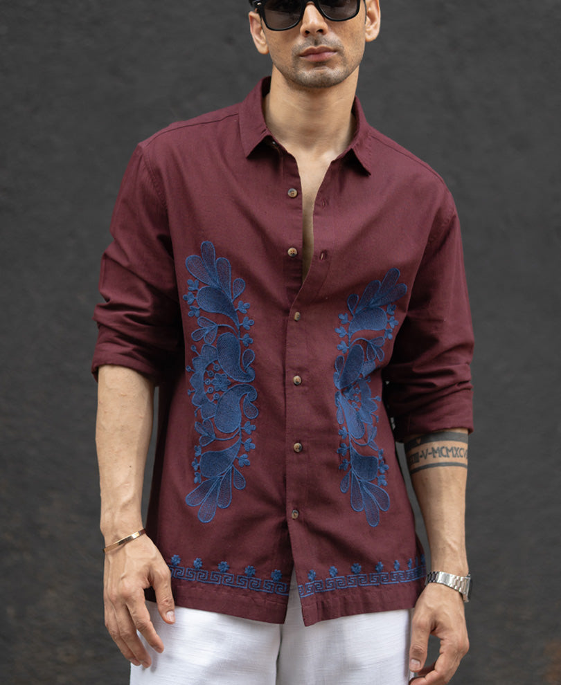 Wine Embroidered Linen Blend Shirt.