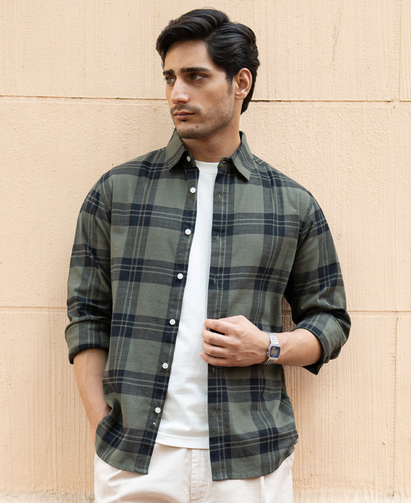 Olive Structured Checks Shirt.