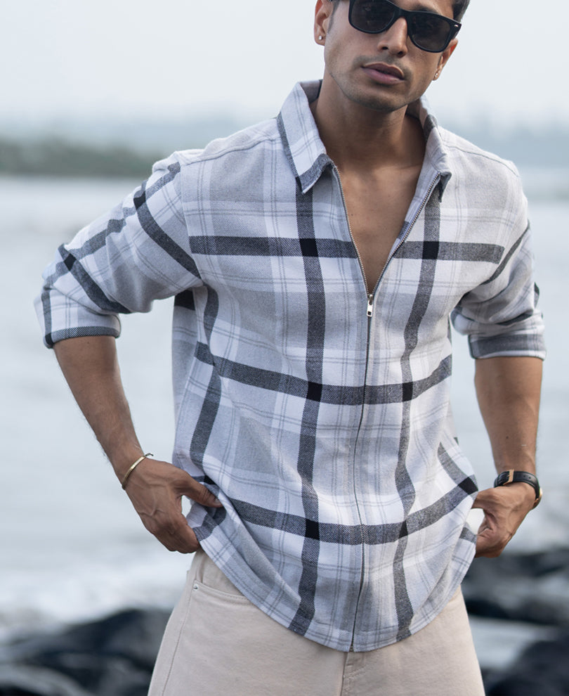 Grey Checks Zipper Overshirt