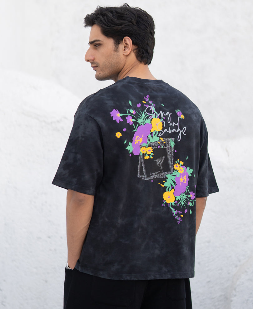 Black Washed Floral Print T-Shirt.